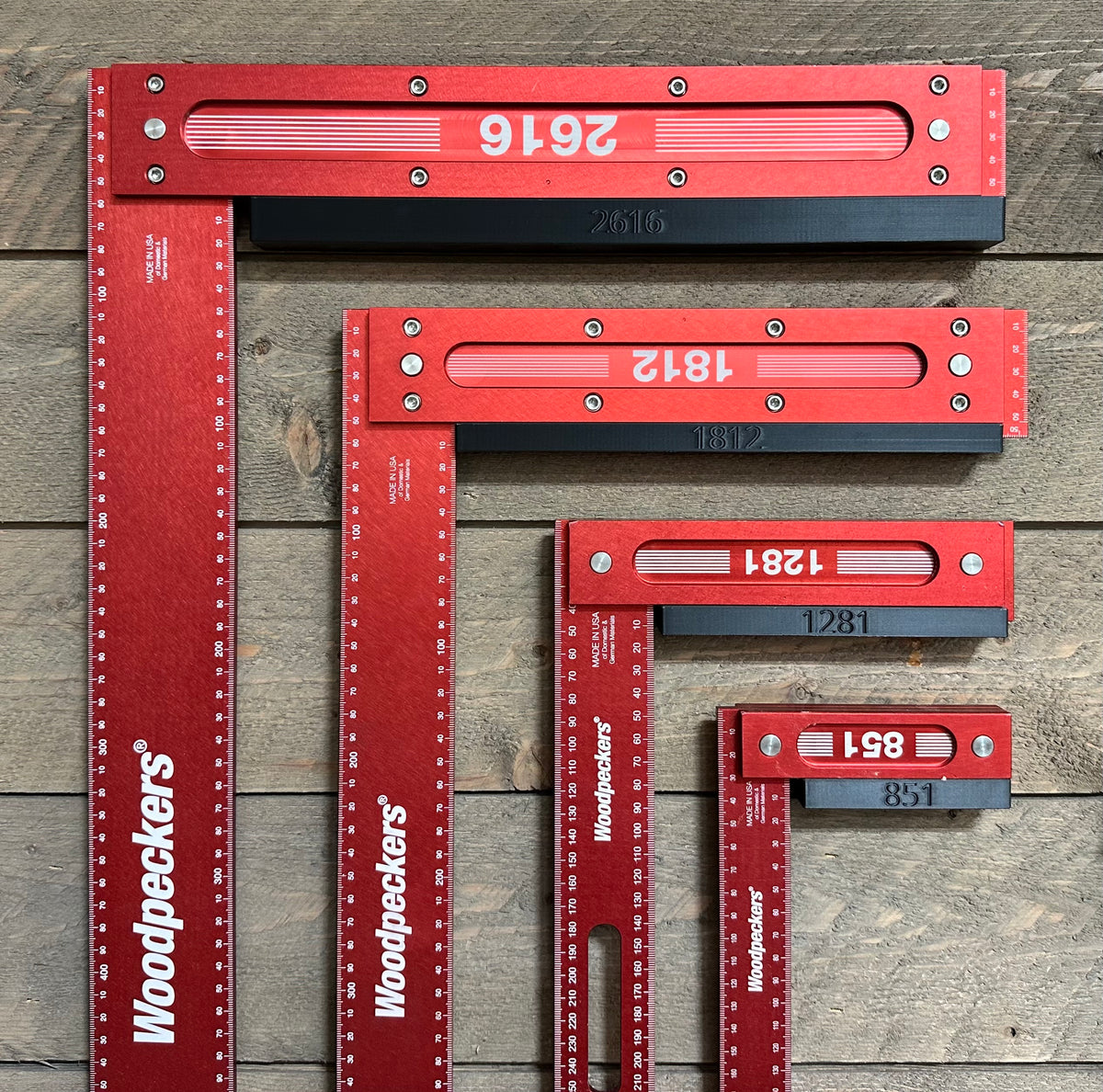 Woodpeckers precision squares 2616, 1812, 1281 and 851 hanging on numbered wall hangers